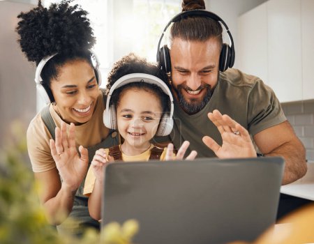 Photo for Laptop, headphones and parents with child on video call and wave hello, communication and people at home. Happy family, conversation and smile with app, network and connectivity, bonding and contact. - Royalty Free Image