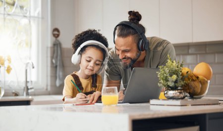 Photo for Elearning, father and child in kitchen with headphones, laptop and homework for online class. Computer, dad and boy working together for virtual school, help with writing and kids education in home - Royalty Free Image