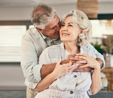 Photo for Love, relax or happy old couple hug in home living room bonding together on holiday vacation with support. Retirement, smile or senior man laughing with a mature woman thinking of care in marriage. - Royalty Free Image