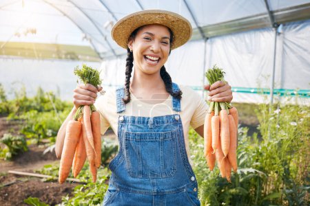 Téléchargez les photos : Greenhouse, portrait d'une femme heureuse tenant des carottes dans une petite entreprise durable en agriculture et en alimentation biologique naturelle. Fille travaillant à la ferme agricole, la croissance des légumes dans le jardin et la fierté écologique. - en image libre de droit