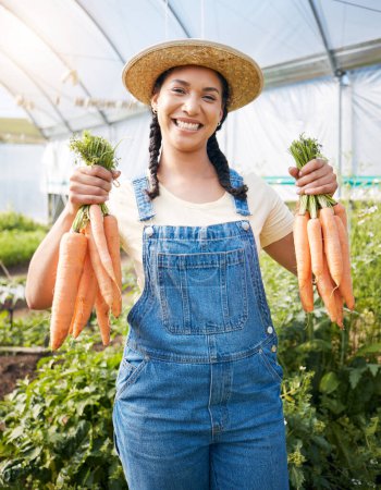 Téléchargez les photos : Agriculture, portrait de femme aux carottes et sourire à la petite entreprise durable, l'agriculture et l'alimentation naturelle. Fille travaillant dans une serre agricole heureuse, la croissance des légumes dans le jardin et la fierté écologique. - en image libre de droit