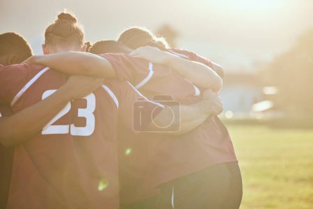 Photo for People, rugby and huddle in team sports, motivation or getting ready for match or game on outdoor field. Active men in circle or group hug in teamwork, collaboration or trust in scrum for fitness. - Royalty Free Image