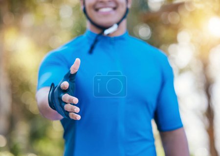 Photo for Man, cyclist and handshake in fitness, partnership or deal in agreement, greeting or competition in nature. Closeup of male person athlete shaking hands for introduction, workout or outdoor exercise. - Royalty Free Image