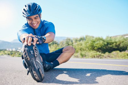 Photo for Happy man, cyclist and stretching on road in fitness, outdoor workout or cardio exercise in nature. Active male person or biker smile in happiness for body warm up or getting ready for cycling tour. - Royalty Free Image