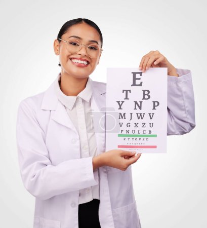 Photo for Eye exam, chart and letter, vision and woman in portrait, optometrist and health isolated on white background. Assessment, diagnosis and healthcare with optometry, glasses and doctor in a studio. - Royalty Free Image