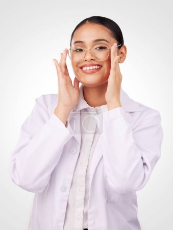 Photo for Glasses portrait, woman and vision of optometrist in studio isolated on a white background. Face smile, ophthalmologist and lens of happy medical professional optician in frame for health in eye care. - Royalty Free Image