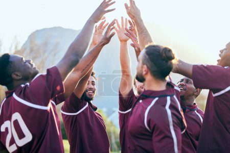Photo for High five, sports celebration and happy team, rugby group or men solidarity support, teamwork or victory. Winner motivation, success cheers or player celebrate goal together for competition win. - Royalty Free Image