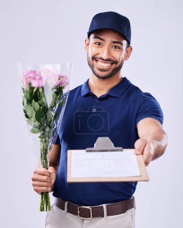 Photo for Portrait, flower bouquet courier and delivery man with clipboard, paperwork and shipping product, stock or export sale. Floral order, distribution service invoice or studio person on white background. - Royalty Free Image