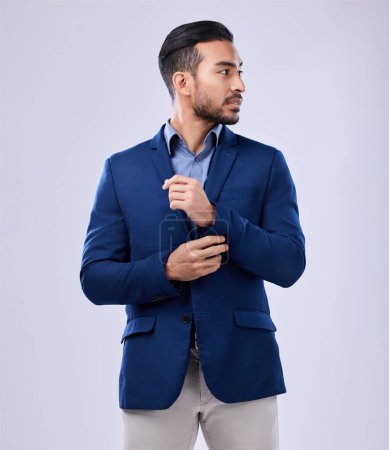 Photo for Fashion, business and man in studio with style, suit and confident, mindset and attitude on grey background space. Fashionable, stylish and asian male entrepreneur with formal, clothes or aesthetic. - Royalty Free Image