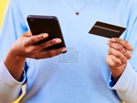 Photo for Woman, hands and phone with credit card in online shopping, payment or banking for eft or purchase. Closeup of female person or shopper with debit and mobile smartphone app in ecommerce or buying. - Royalty Free Image