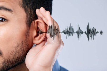 Photo for Ear, listening and sound waves with a hand on a studio background for communication, gossip or attention. Closeup, digital and a person for hearing an audio, speaker or frequency for conversation. - Royalty Free Image