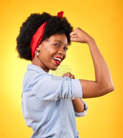 Photo for Muscle, flex and smile with portrait of black woman in studio for power, motivation and energy. Empowerment, pride and champion with person and fist on yellow background for challenge and hard work. - Royalty Free Image