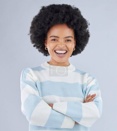 Photo for Fashion, arms crossed and smile with portrait of black woman in studio for education, casual and trendy style. Happy, pride and confidence with person on white background for college, future or gen z. - Royalty Free Image