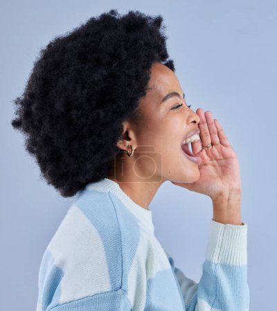 Photo for Profile, announcement and black woman shouting to call in studio isolated on a blue background. Face, smile and person screaming for information, speaking and loud voice for communication of news - Royalty Free Image