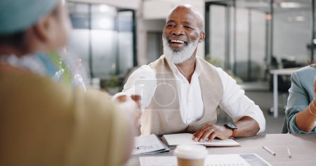 Photo for Handshake, negotiation talk or happy businessman in meeting in office for paperwork or contract. Job interview, shaking hands or senior black man with human resources team for recruitment opportunity. - Royalty Free Image