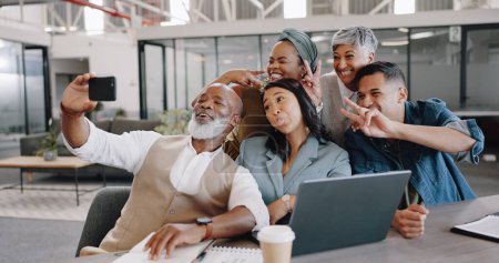 Photo for Business people, selfie and funny group in office, peace sign and comic with tongue for post on web blog. African CEO man, team and excited with emoji, memory and profile picture for social network. - Royalty Free Image