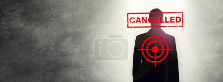 Photo for Cancel culture, overlay and target on silhouette of man for bias, political controversy or criticism. Mockup space, banner and cancelled person with bullseye for problem, mistake and error in society. - Royalty Free Image