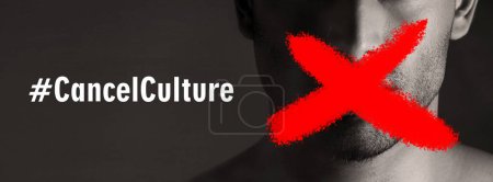 Photo for Protest, man and cancel culture sign on mouth with censorship for bullying, violence and social media with mockup space. Silence, person and letter on lips with support for solidarity in studio. - Royalty Free Image