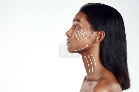 Photo for Face profile, plastic surgery lines and woman for beauty filler, cosmetics treatment or facial skincare collagen. Mockup advertising space, arrow and aesthetic studio person on white background. - Royalty Free Image