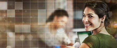 Photo for Banner, smile and portrait of business woman working on creative brand project, online webdesign research or search engine. Grid overlay, mockup space and face of agent monitor social network traffic. - Royalty Free Image