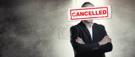 Photo for Job, man or cancel culture words to silence opinion, stop protest or message on mockup space. Businessman, arms crossed or letter text overlay for censorship in workplace or corporate environment. - Royalty Free Image