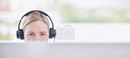 Photo for Woman, call center and computer with communication mockup, customer service and online support consultant. Portrait of agent, worker or telecom employee on desktop pc on contact or e commerce banner. - Royalty Free Image