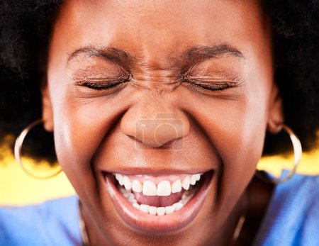 Photo for Zoom of excited, happy and face of black woman on yellow background for good news, wow and surprise. Emoji, winner and person in studio with big smile for announcement, winning and omg expression. - Royalty Free Image