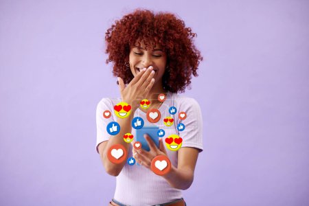 Photo for Surprise, chat and a woman with a phone for social media, networking or digital marketing. Happy, reaction and a girl reading on a mobile with a notification icon on a purple background for an app. - Royalty Free Image