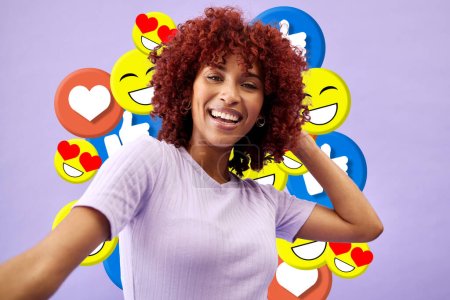 Photo for Selfie of woman influencer, social media and emoji in studio to like, subscribe and review online. Photography, content creation and girl on purple background with notification icon on live stream - Royalty Free Image