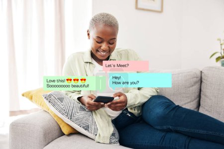 Photo for Text, overlay and black woman with phone on a sofa for online dating, social media or chat in her home. Smartphone, app and African female smile for emoji message, communication or blog notification. - Royalty Free Image