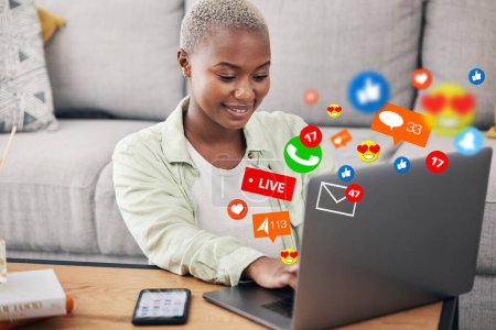 Photo for Woman, laptop and social media message icon on home floor for connection, content or platform. African influencer at computer for communication, live streaming and like or love emoji reaction overlay. - Royalty Free Image