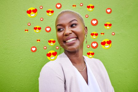 Photo for Social media, heart and love icon of a woman or influencer for emoji app or online dating. Face of African person thinking of chat, reaction or communication notification overlay on green background. - Royalty Free Image