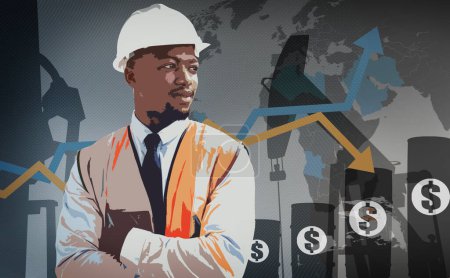 Photo for Graphic, thinking and a black man with arms crossed for construction, building or logistics planning. Engineering, safety and an African handyman or maintenance employee with an idea on composite. - Royalty Free Image