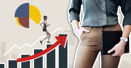 Photo for Hands, business woman and chart overlay, statistics and running on stock market. Infographics, data and graph of professional on tablet in fitness, training and exercise to increase profit on trading. - Royalty Free Image