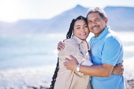 Photo for Hug, beach or portrait of senior father bonding in Brazil to relax with love, smile or care in retirement. Happy family, travel or mature dad with daughter on holiday vacation in summer on mockup. - Royalty Free Image