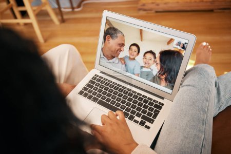 Photo for Video call, laptop screen and relax with face of family for communication, contact or connection. Happy, virtual and technology with senior people and children at home for website, online and chat. - Royalty Free Image