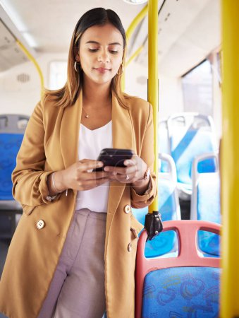 Photo for Bus, business woman and phone with public transport, social media scroll and web with job commute. City travel, stop and internet app of a female professional on a mobile with networking on metro. - Royalty Free Image