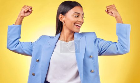 Photo for Flex, success and happy with business woman in studio for pride, professional and champion. Empowerment, power and strong with person on yellow background for celebration, achievement and winner. - Royalty Free Image