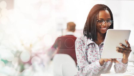 Photo for Mockup, tablet and business black woman online for planning, social networking and internet. Banner space, corporate worker and happy person on digital tech for research, website and email in office. - Royalty Free Image