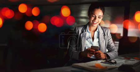 Photo for Mockup, phone and business woman at night online for connection, social media and internet chat. Banner space, communication and worker typing on smartphone for research, website and email in office. - Royalty Free Image