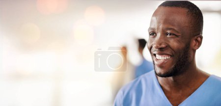 Photo for Black man, doctor and thinking in clinic with space for mockup, healthcare and wellness with bokeh. Happy African medic, ideas and pride for job in hospital, surgery and nursing for health in Kenya. - Royalty Free Image