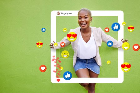 Photo for Black woman, portrait and social media emojis, like and heart icons isolated on green background or mockup wall space. Smile, influencer and content creator with photography frame, graphic or overlay. - Royalty Free Image