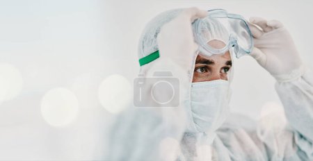 Photo for Man, face mask and PPE with goggles and safety, Covid compliance with mockup space and bokeh. Health, protection gear and virus with healthcare banner, disinfection and medical person with danger. - Royalty Free Image