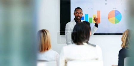 Photo for Business man, presentation portrait and screen for data analysis, pie chart proposal and infographics of revenue. Professional african person for financial report, charts and graphs or stats meeting. - Royalty Free Image