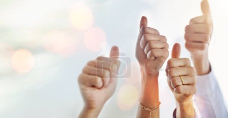 Photo for Mockup, success or hands of business people with thumbs up for approval on sky background. Teamwork, community or closeup of employees with solidarity or group support for growth, like or okay sign. - Royalty Free Image