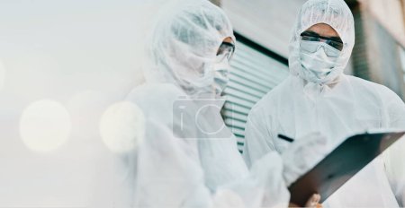 Photo for People, face mask and PPE with clipboard and doctor, Covid compliance with mockup space and bokeh. Health, protection gear and virus with banner, insurance and checklist with safety at hospital. - Royalty Free Image