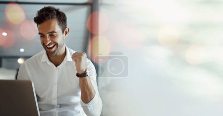 Photo for Mockup, laptop or happy man trading with success, goals or sales target in online achievement in office. Proud investor, wow or excited trader in celebration of winning on stock market bonus victory. - Royalty Free Image