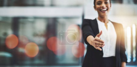 Photo for Business woman, handshake offer and job interview in Human Resources meeting, welcome or thank you POV. Professional or HR worker shaking hands in recruitment, hiring or introduction on banner mockup. - Royalty Free Image