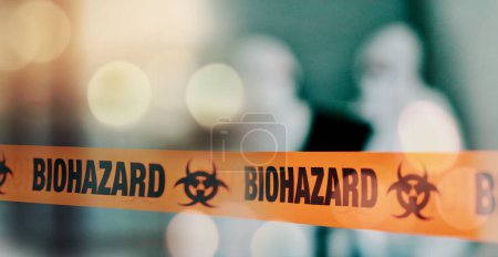 Warning, tape and danger, biohazard and health, infection and barrier with bokeh, blurred background and science. Caution, biology and threat with medical crisis, safety with protection and toxic.