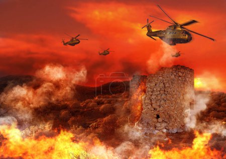 Photo for Combat, military and helicopter with fire in explosion for service, army duty and conflict in city. Mockup, apocalypse and airforce with bombs for armed forces, defense and warfare in battlefield. - Royalty Free Image